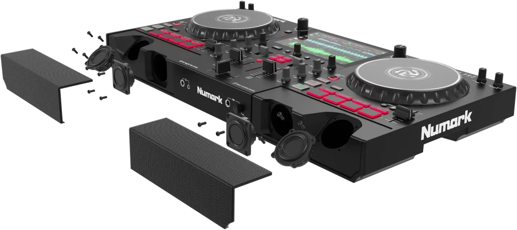 Battery-Powered Standalone DJ System Numark Mixstream Pro Go Angle View With Speakers